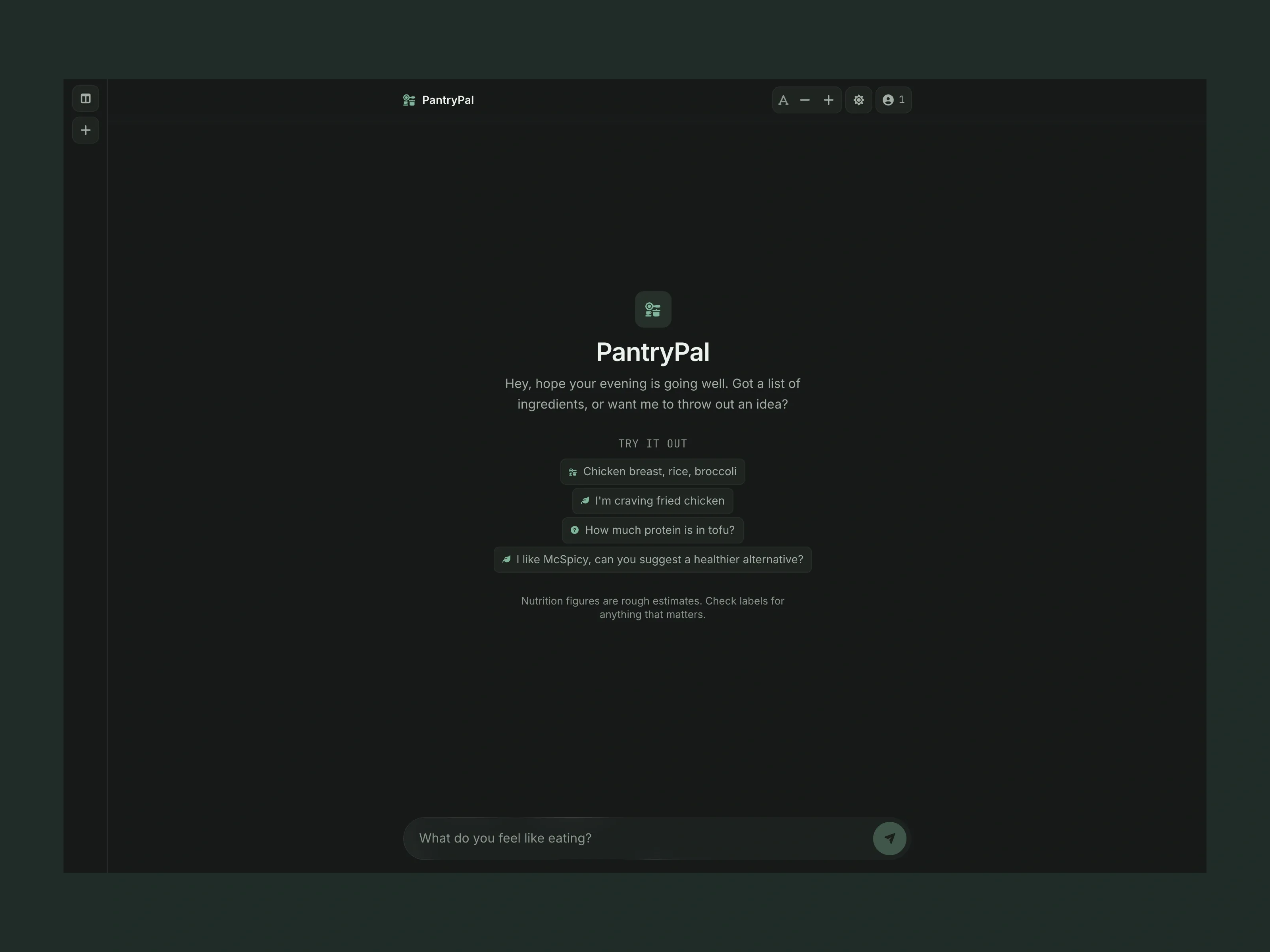 PantryPal starting screen with example prompts for ingredients, cravings and nutrition questions.